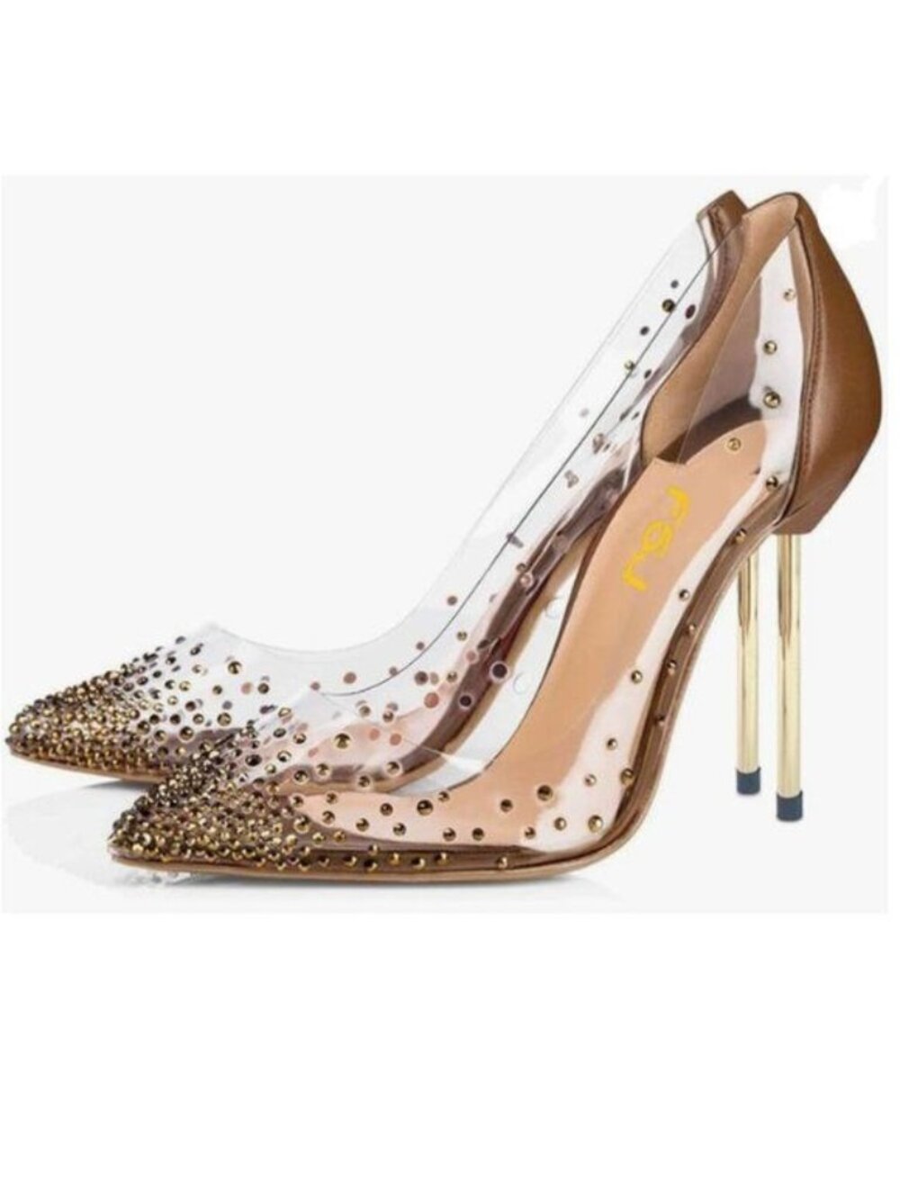 FSJ Brown Studded Pointed Toe Transparent Pumps High Heels Shoes